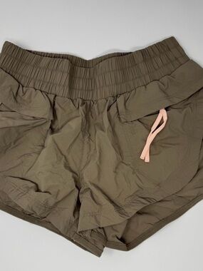 Free People Olive Drawstring Athletic Shorts with Pink Accent